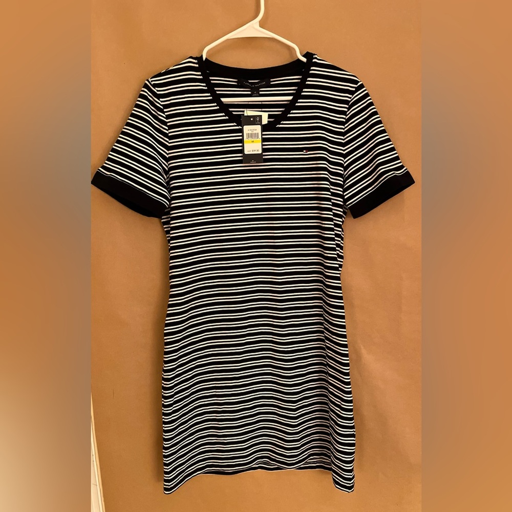 Navy blue and white striped cotton stretch dress.